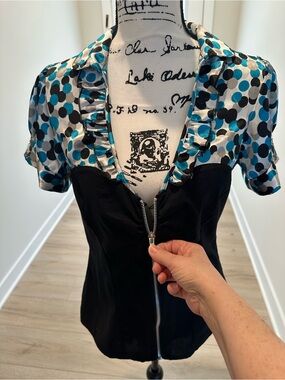 Heart Soul Black Top with Blue and Gray Polka Dot- FITS LIKE A SMALL